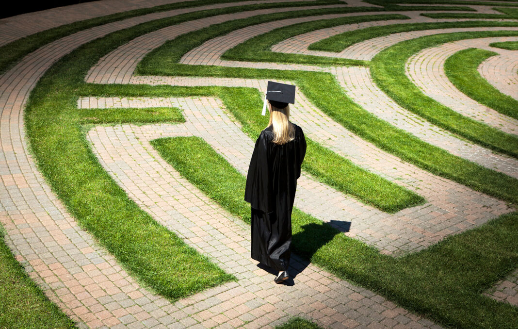 Graduation Student Entering Maze Path Uncertain, Seeking Occupation, Employment, Goals graduates