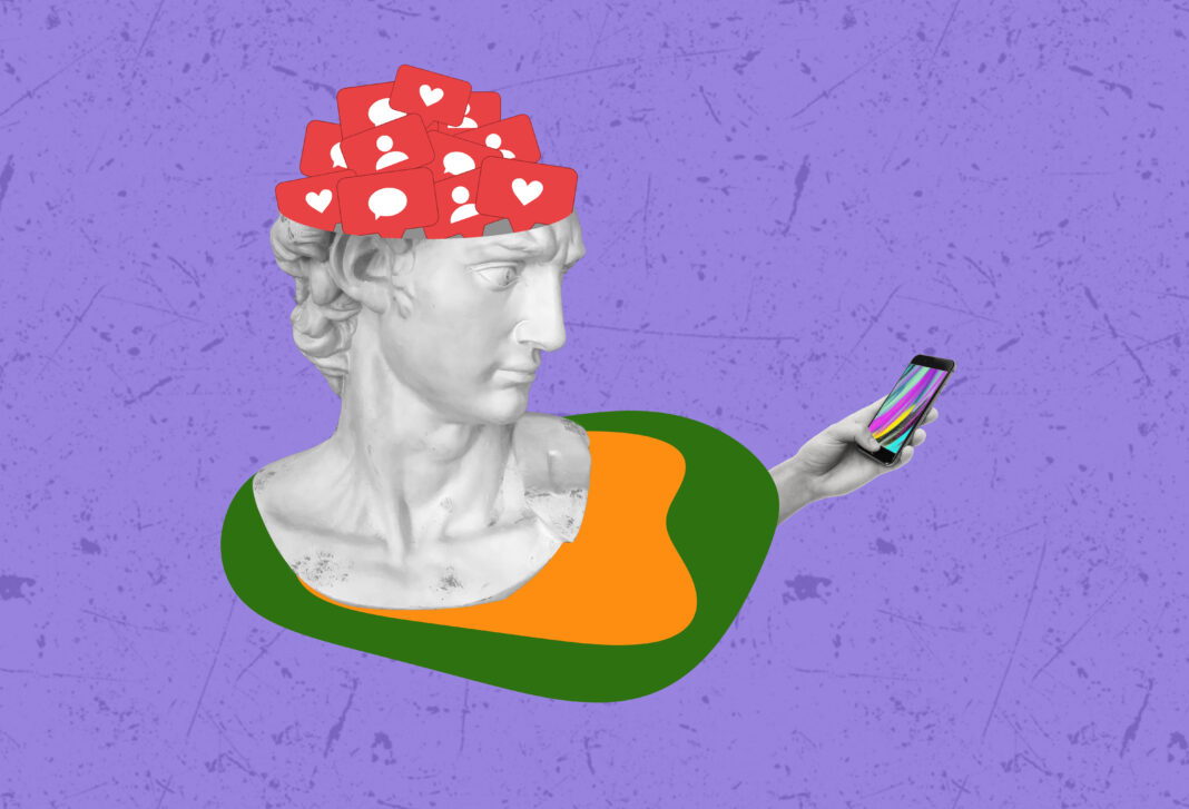 Contemporary art collage of statue, phone, social media like icons.