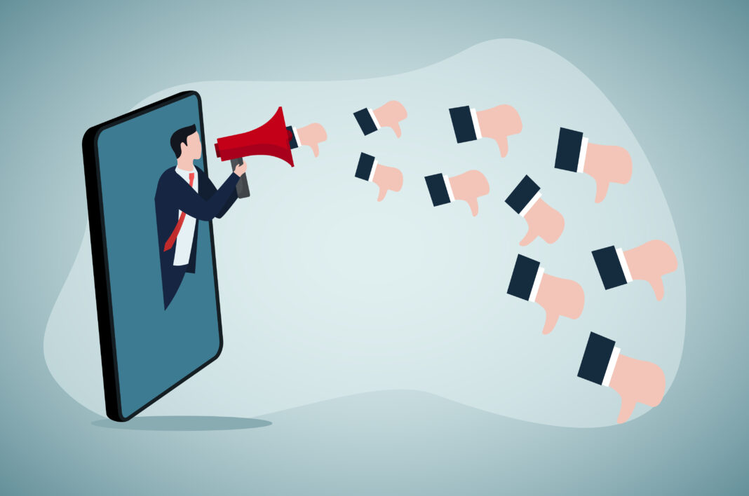 Internet hater, angry social media, dislike or negative feedback