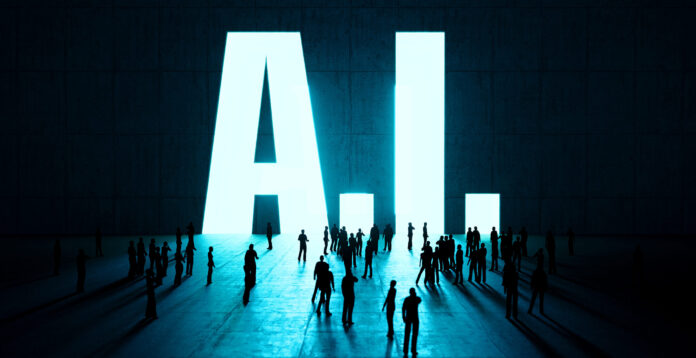 Human Crowd Waiting Before AI Word On Concrete Wall